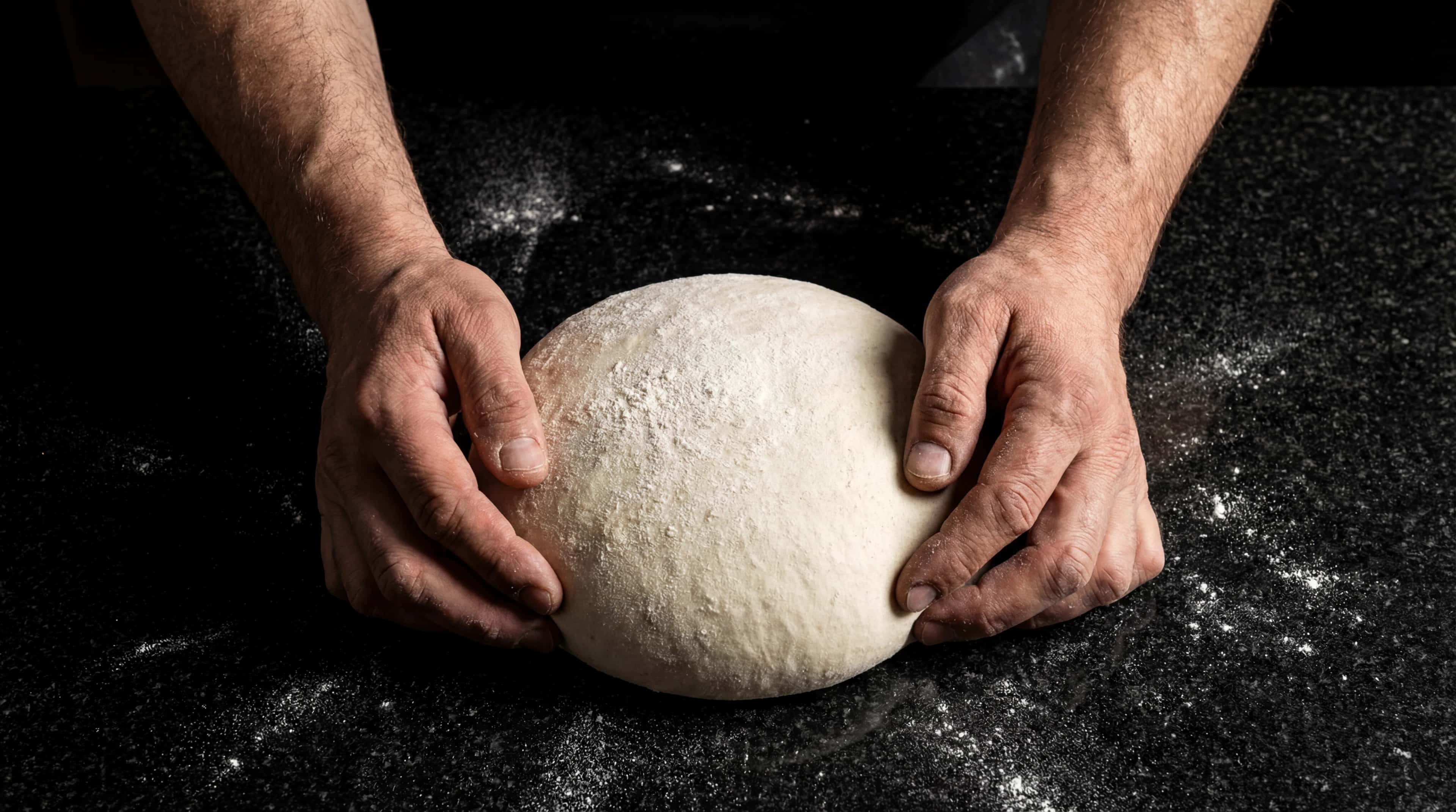 Hände des Handwerkers wirken den Teig rund
