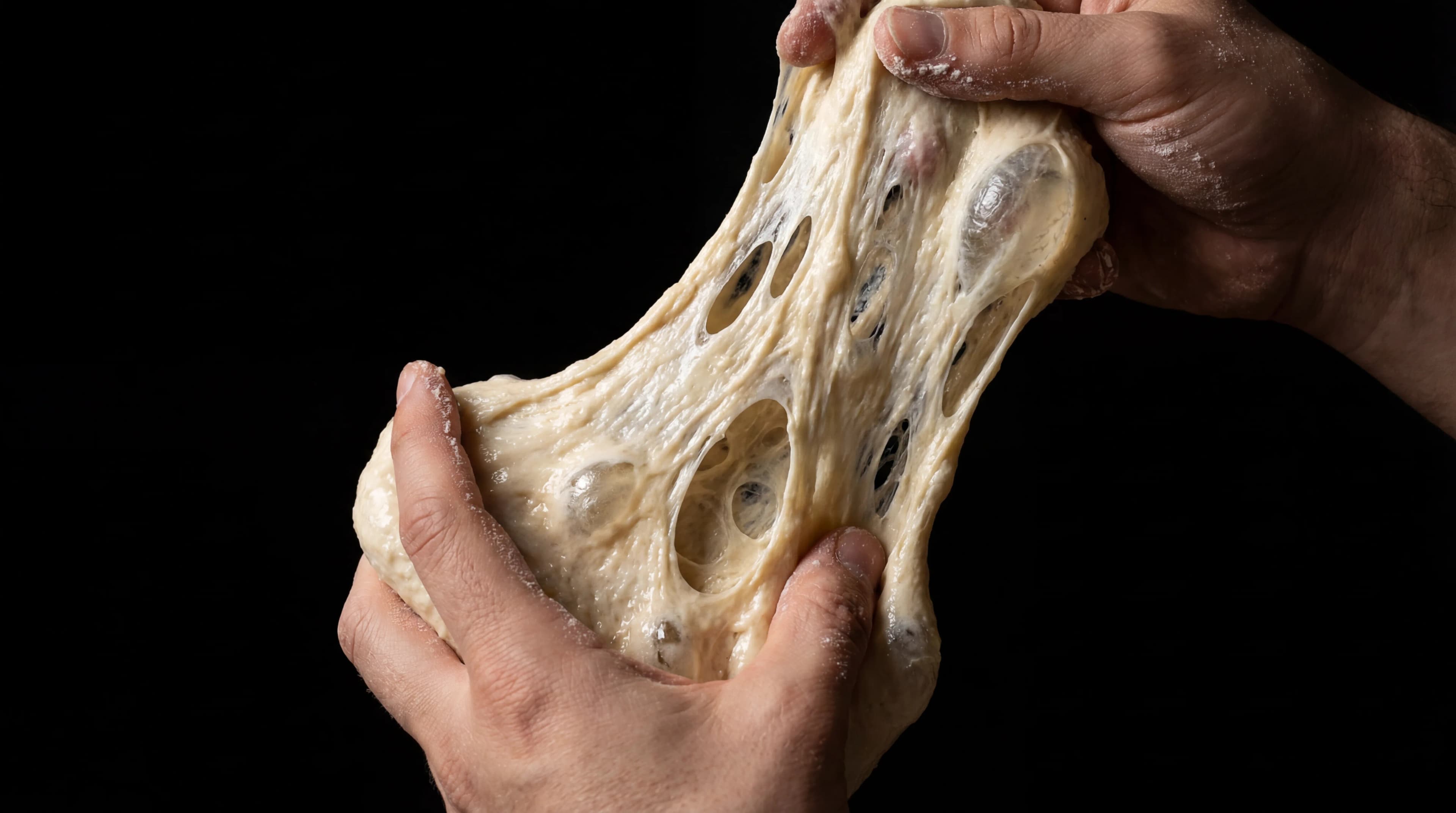 Dough stretched by hand to check gluten development